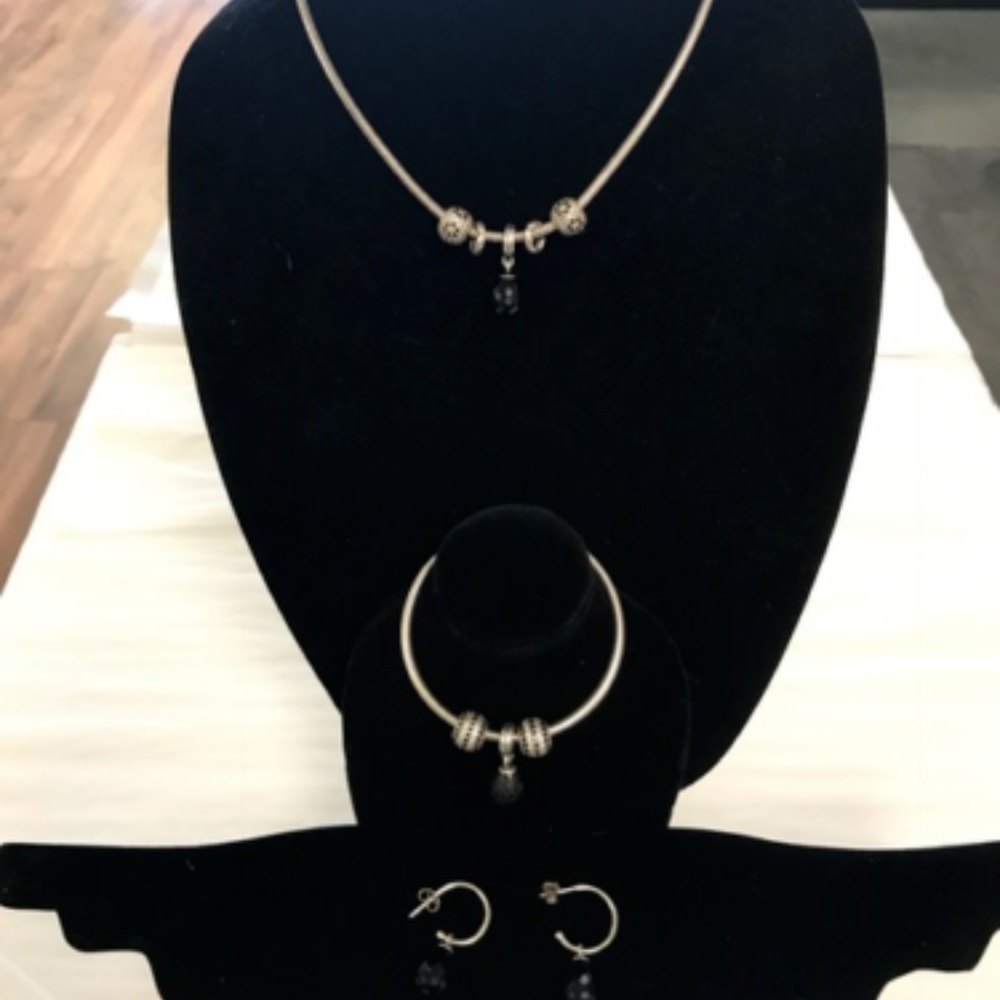 PANDORA Necklace, Bracelet w/Charms & Earrings SET